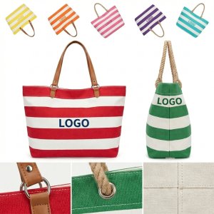 Premium Cotton Canvas Striped Beach Tote Bag with Rope Handle